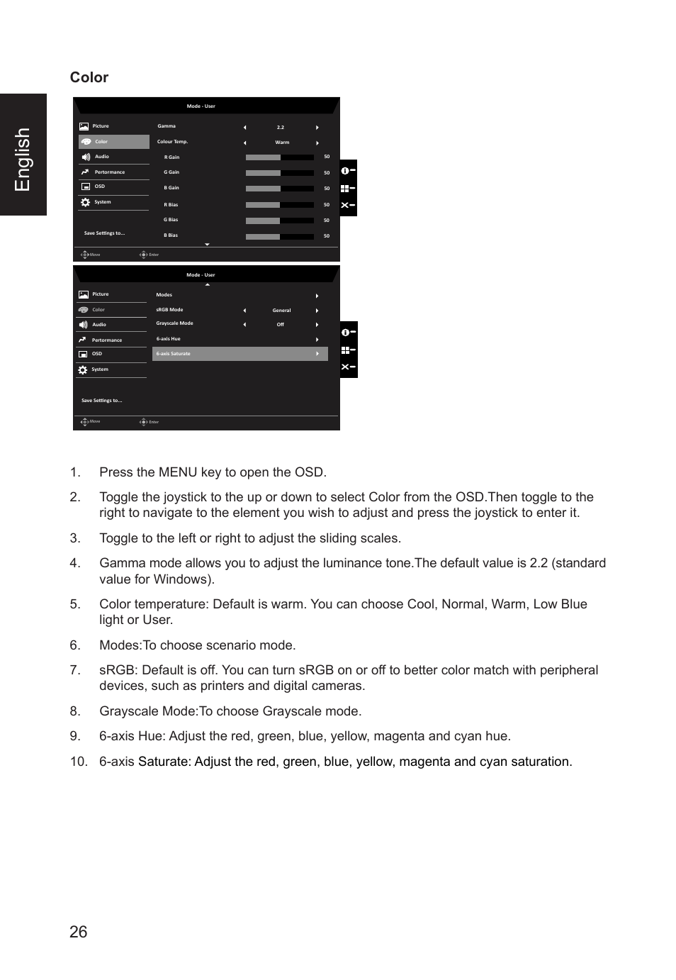 English, Color | Acer CB241Y bmirux 23.8" Monitor User Manual | Page 26 / 36
