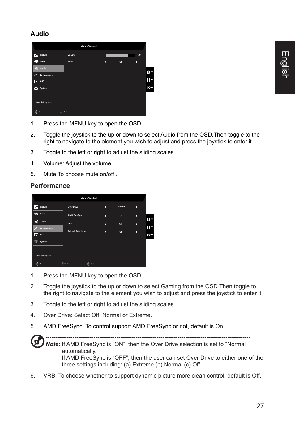 English, Audio, Performance | Acer CB241Y bmirux 23.8" Monitor User Manual | Page 27 / 36