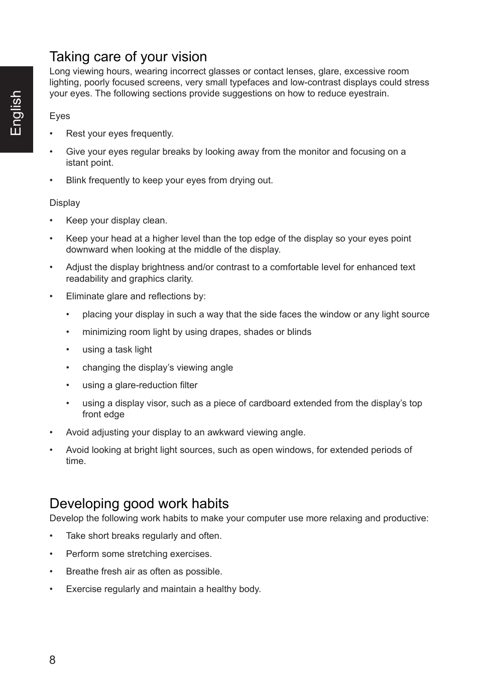 English, Taking care of your vision, Developing good work habits | Acer CB241Y bmirux 23.8" Monitor User Manual | Page 8 / 36