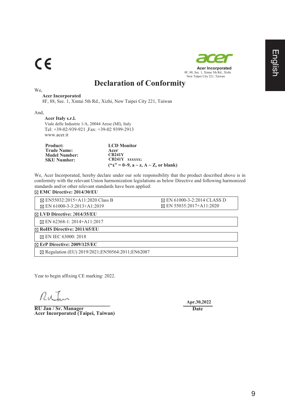 English, Declaration of conformity | Acer CB241Y bmirux 23.8" Monitor User Manual | Page 9 / 36