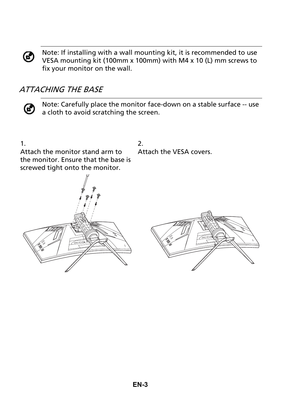 Attaching the base | Acer Predator X35 BMIPHZX 21:9 180 Hz Curved NVIDIA G-SYNC VA Gaming Monitor User Manual | Page 12 / 33