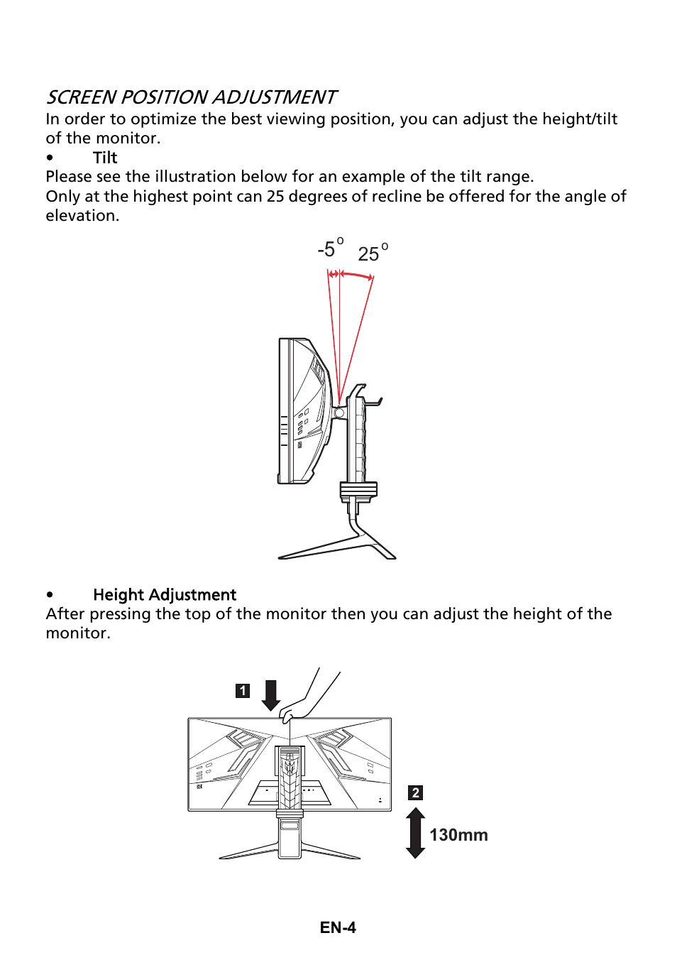 Screen position adjustment | Acer Predator X35 BMIPHZX 21:9 180 Hz Curved NVIDIA G-SYNC VA Gaming Monitor User Manual | Page 13 / 33
