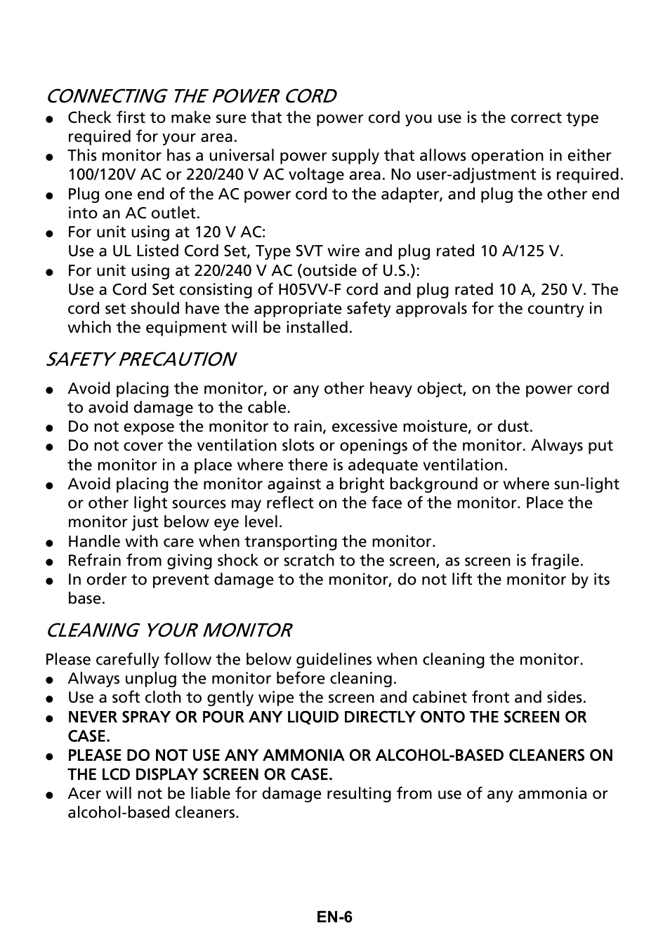 Connecting the power cord, Safety precaution, Cleaning your monitor | Acer Predator X35 BMIPHZX 21:9 180 Hz Curved NVIDIA G-SYNC VA Gaming Monitor User Manual | Page 15 / 33