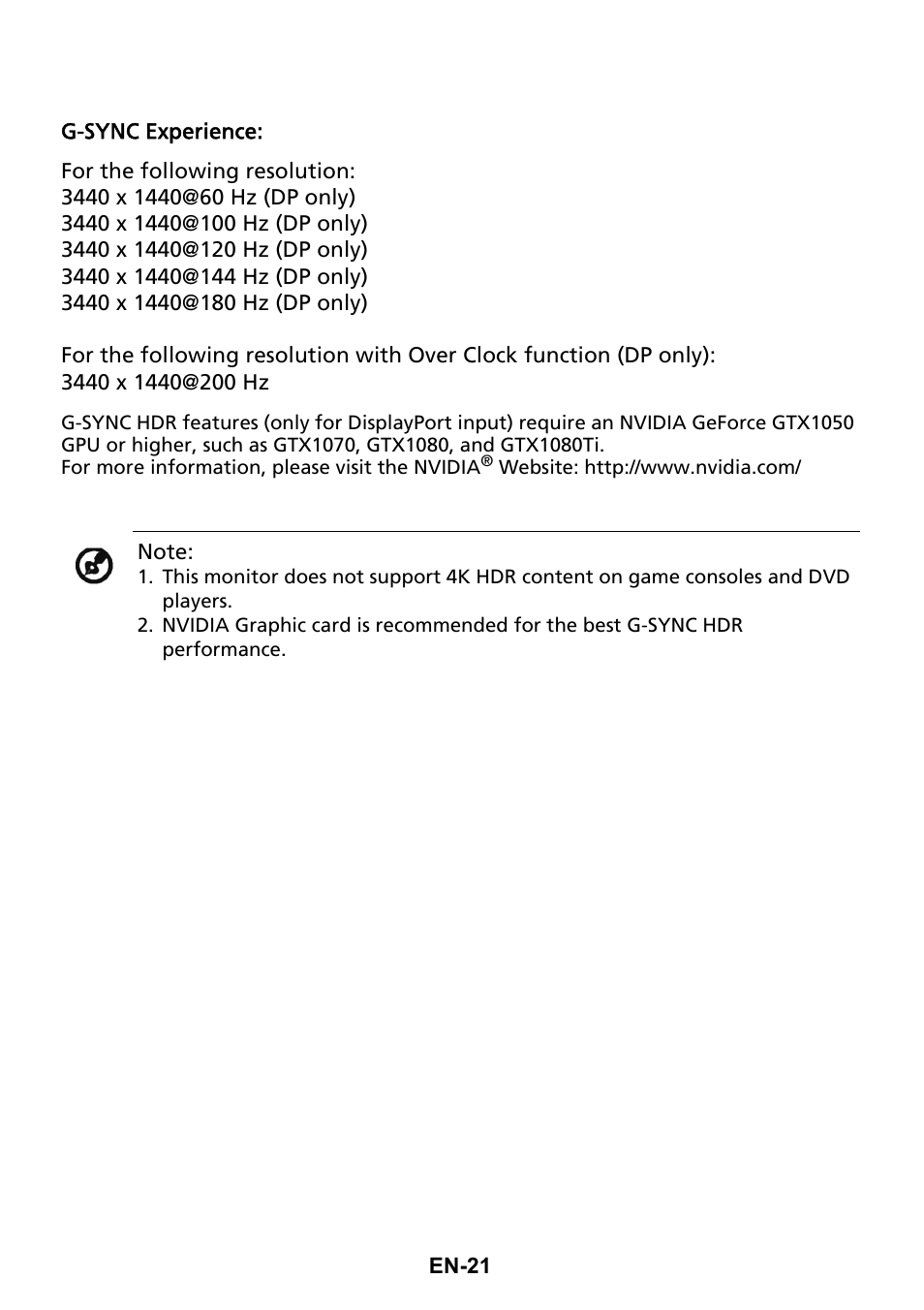 Acer Predator X35 BMIPHZX 21:9 180 Hz Curved NVIDIA G-SYNC VA Gaming Monitor User Manual | Page 30 / 33