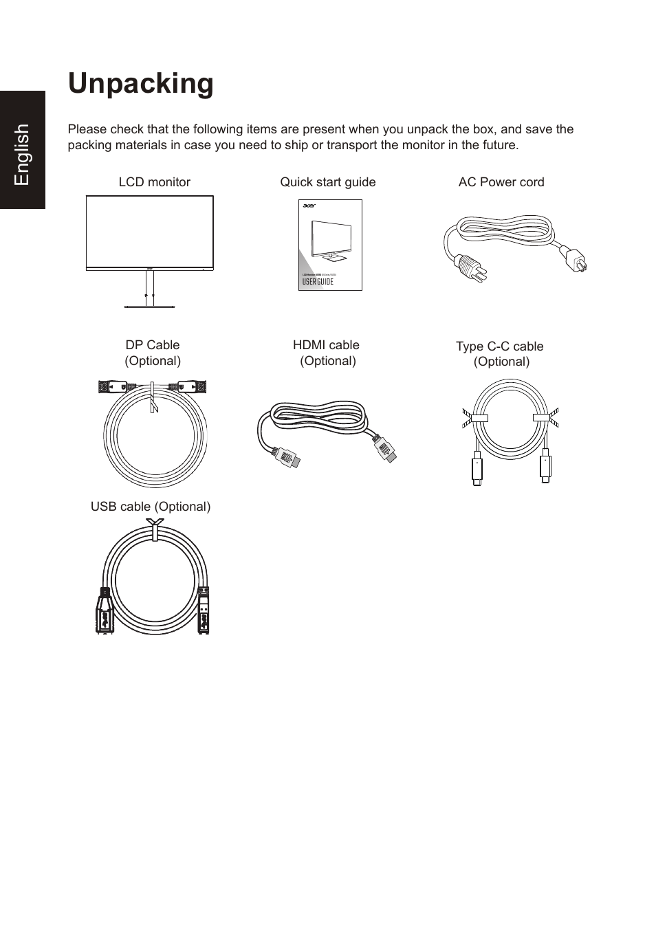 Unpacking, English | Acer Nitro XV275K ymipruzx 27" 4K UHD Display User Manual | Page 12 / 40