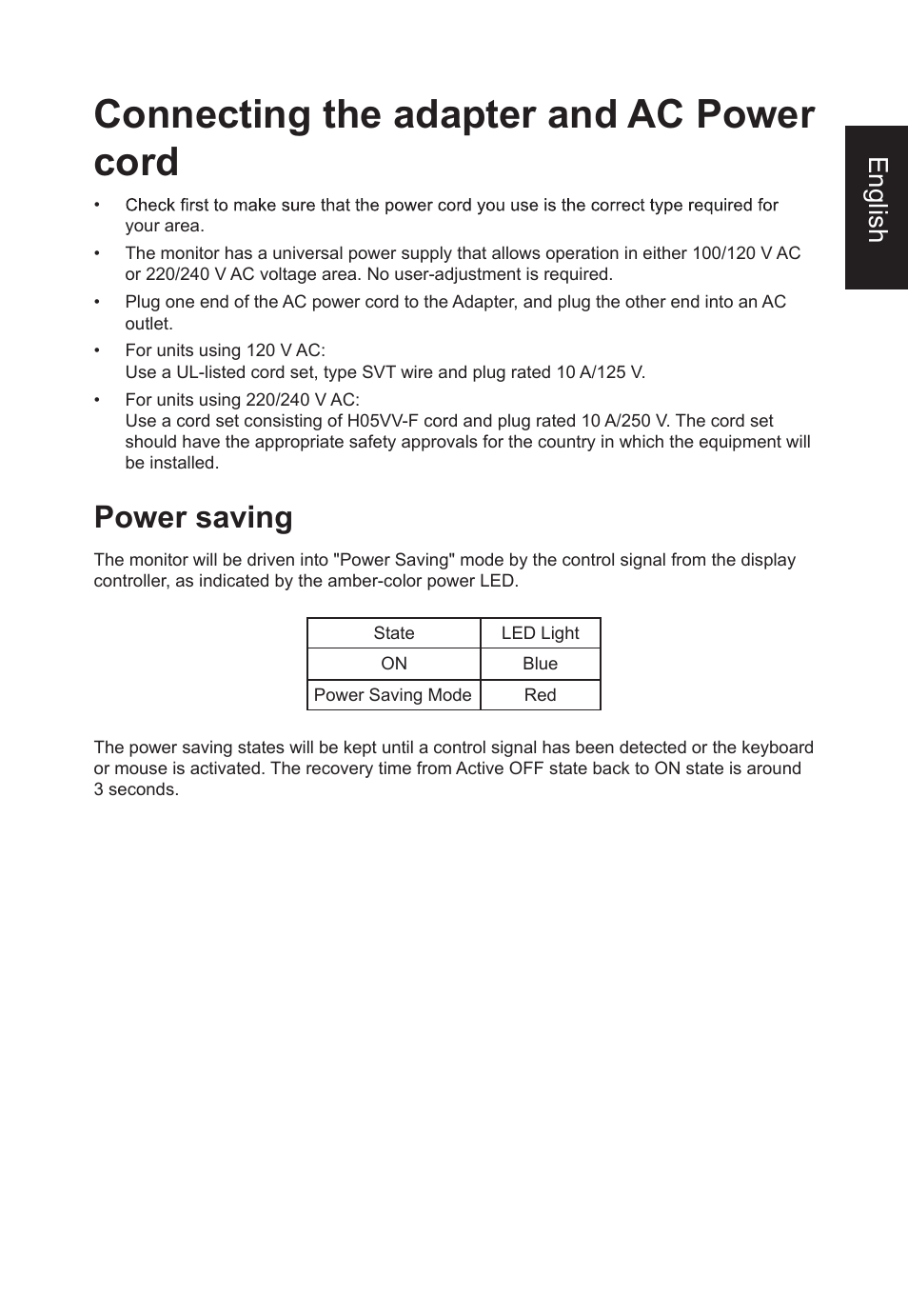 Connecting the adapter and ac power cord, Power saving, English | Acer Nitro XV275K ymipruzx 27" 4K UHD Display User Manual | Page 15 / 40