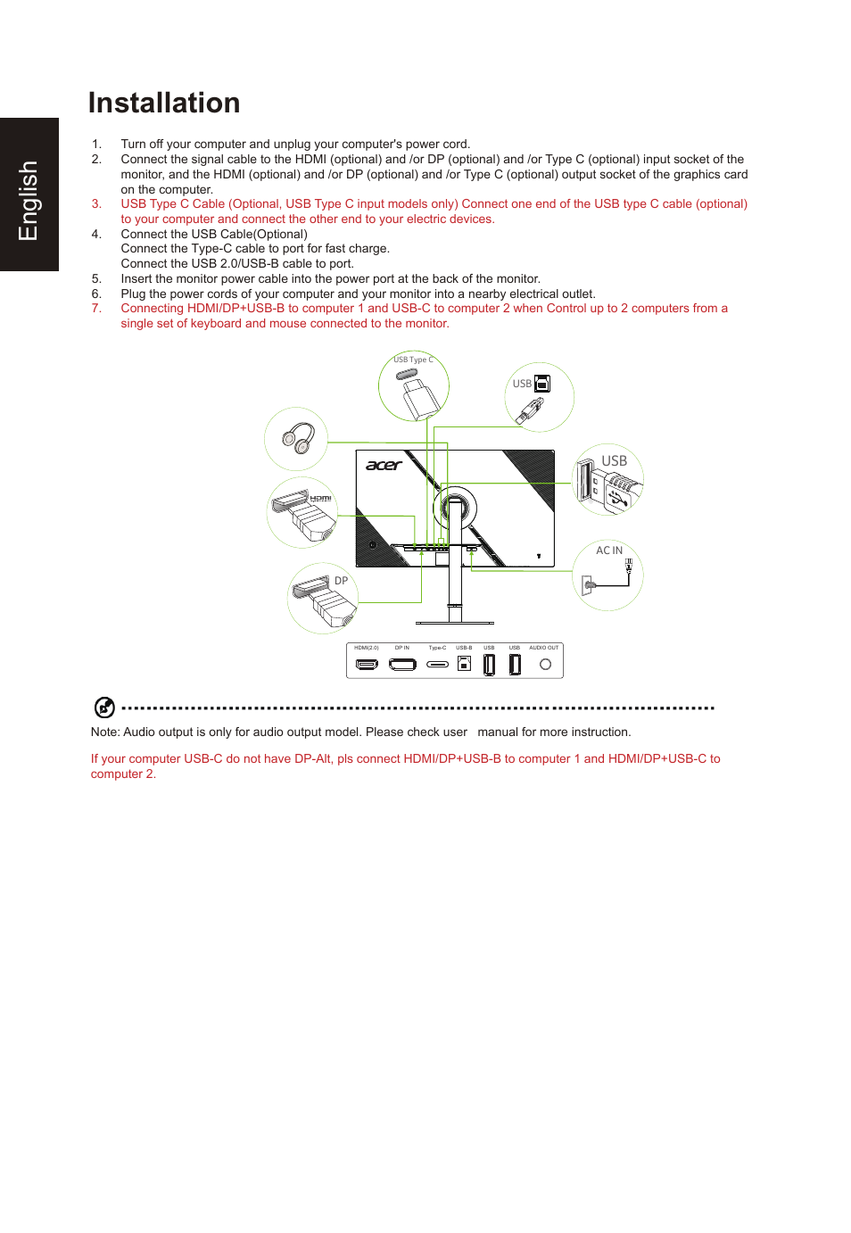 Installation, English | Acer Nitro XV275K ymipruzx 27" 4K UHD Display User Manual | Page 20 / 40