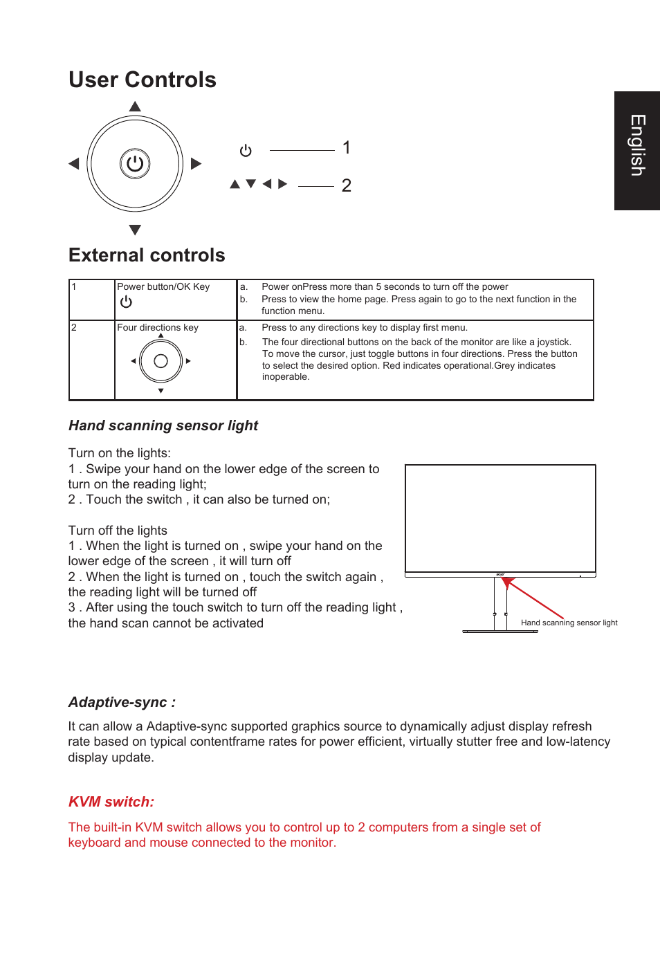 User controls, English, External controls | Acer Nitro XV275K ymipruzx 27" 4K UHD Display User Manual | Page 21 / 40