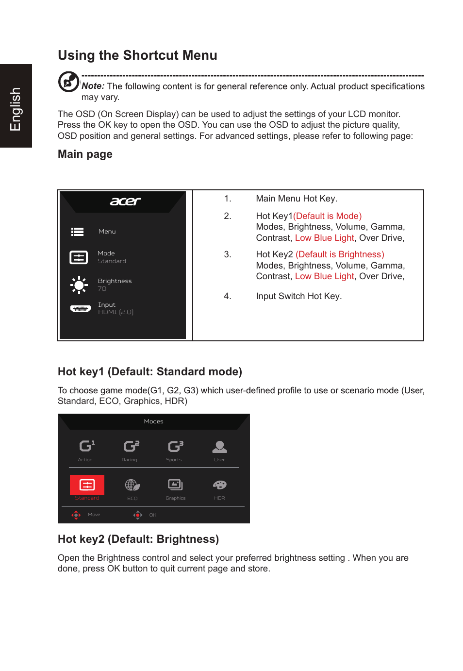 English using the shortcut menu, Main page hot key1 (default: standard mode), Hot key2 (default: brightness) | Acer Nitro XV275K ymipruzx 27" 4K UHD Display User Manual | Page 22 / 40