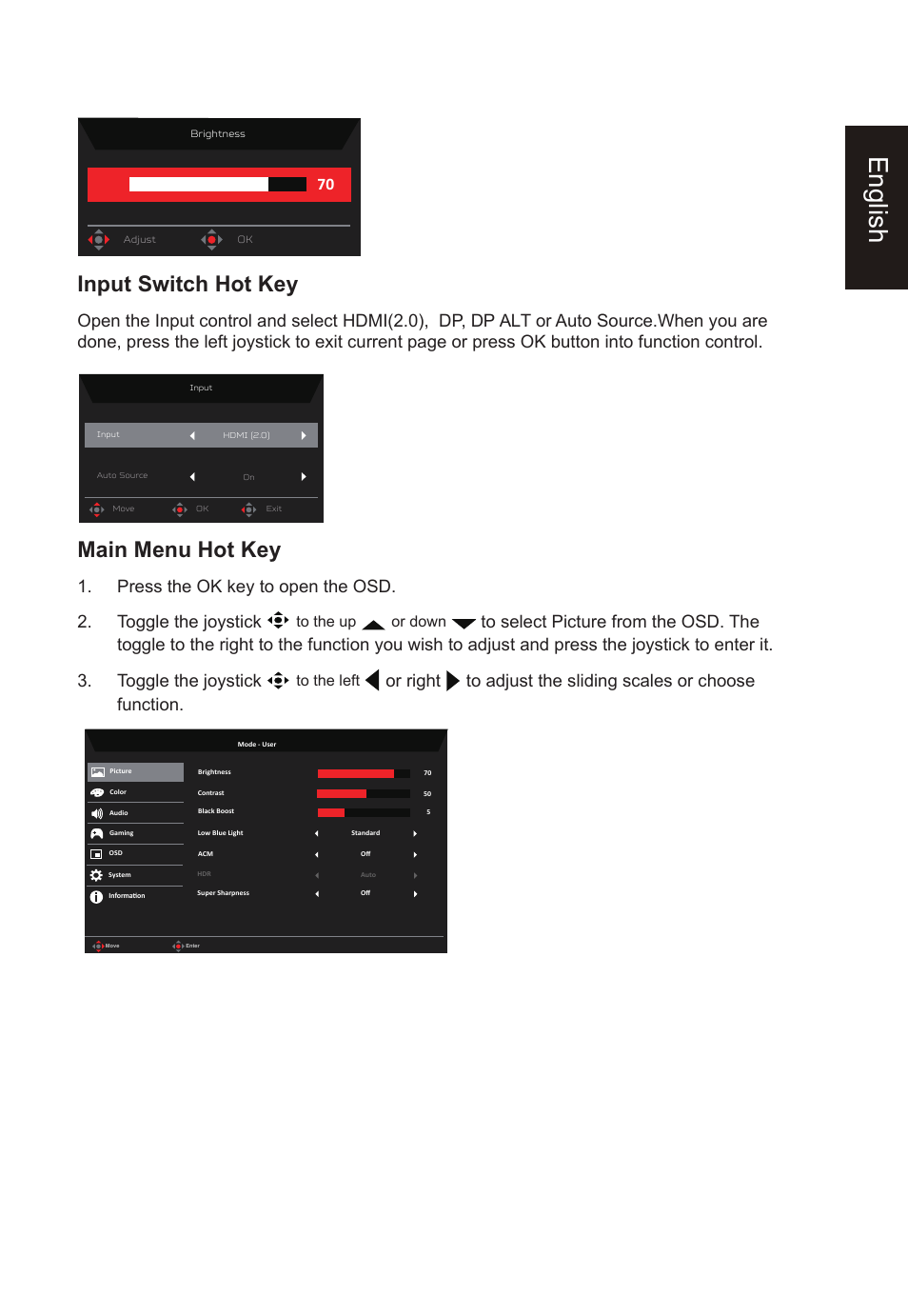 English, Input switch hot key, Main menu hot key | Acer Nitro XV275K ymipruzx 27" 4K UHD Display User Manual | Page 23 / 40