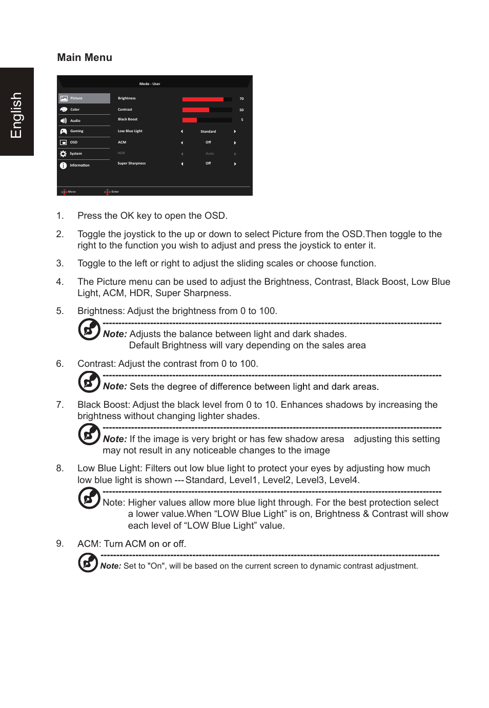 English, Main menu | Acer Nitro XV275K ymipruzx 27" 4K UHD Display User Manual | Page 24 / 40