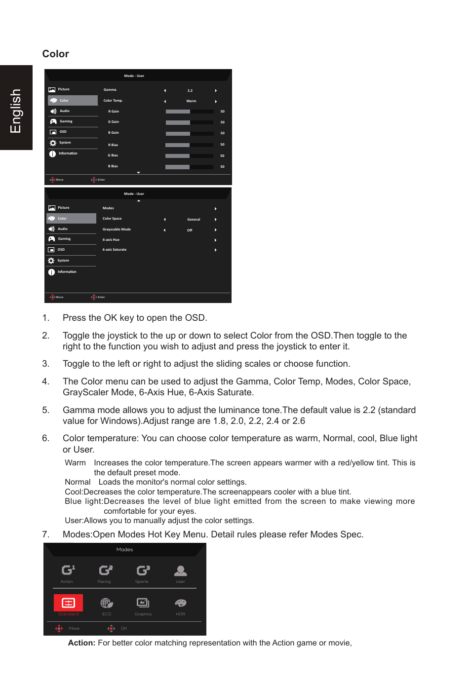 English, Color | Acer Nitro XV275K ymipruzx 27" 4K UHD Display User Manual | Page 26 / 40