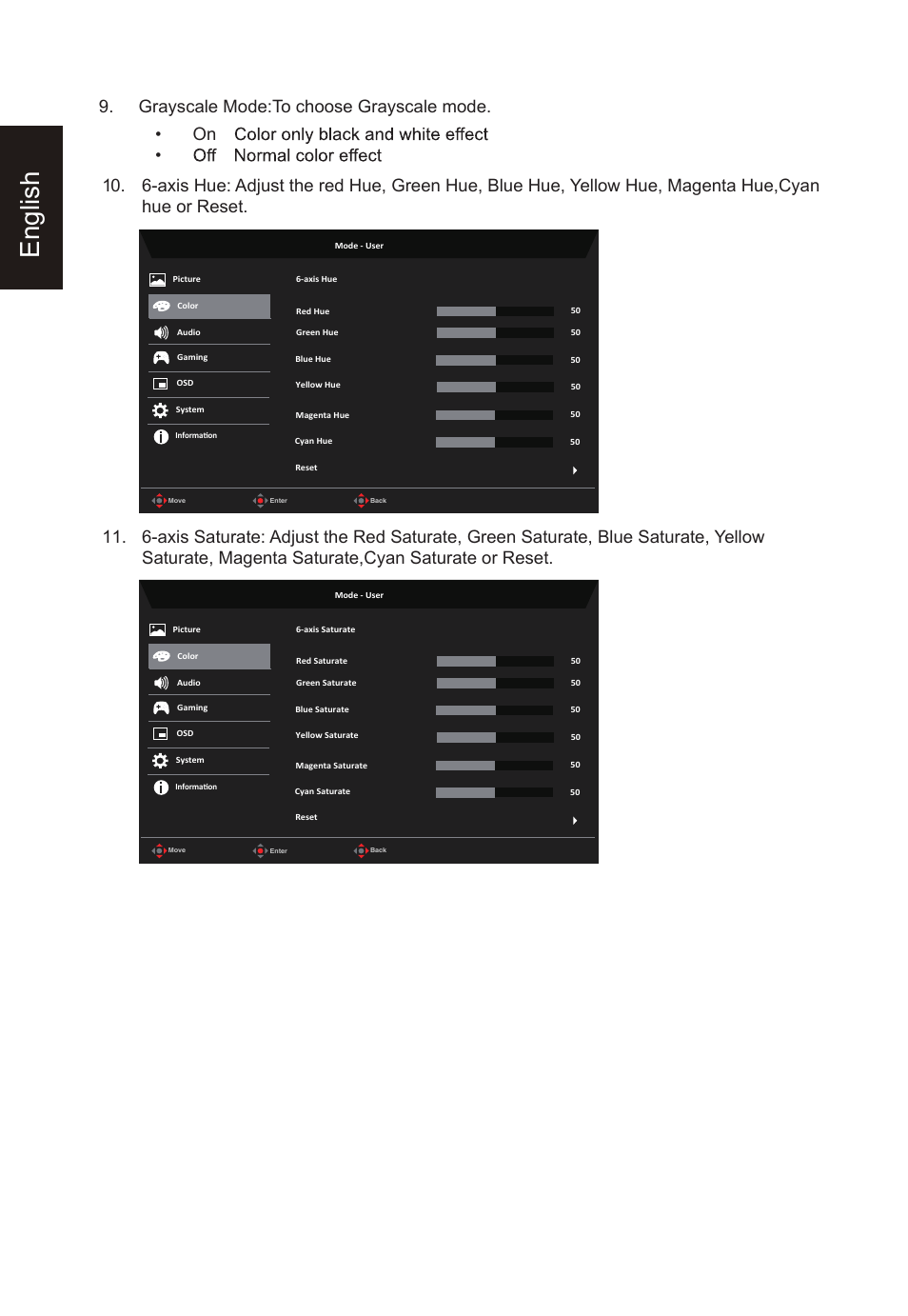 English, Grayscale mode:to choose grayscale mode. • on | Acer Nitro XV275K ymipruzx 27" 4K UHD Display User Manual | Page 28 / 40