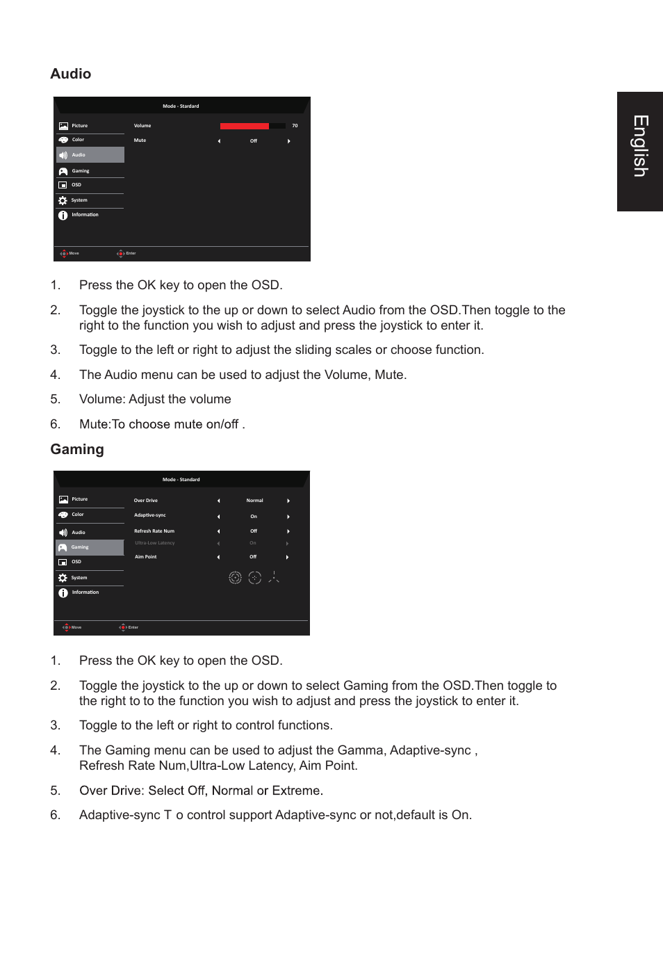 English, Audio, Gaming | Acer Nitro XV275K ymipruzx 27" 4K UHD Display User Manual | Page 29 / 40