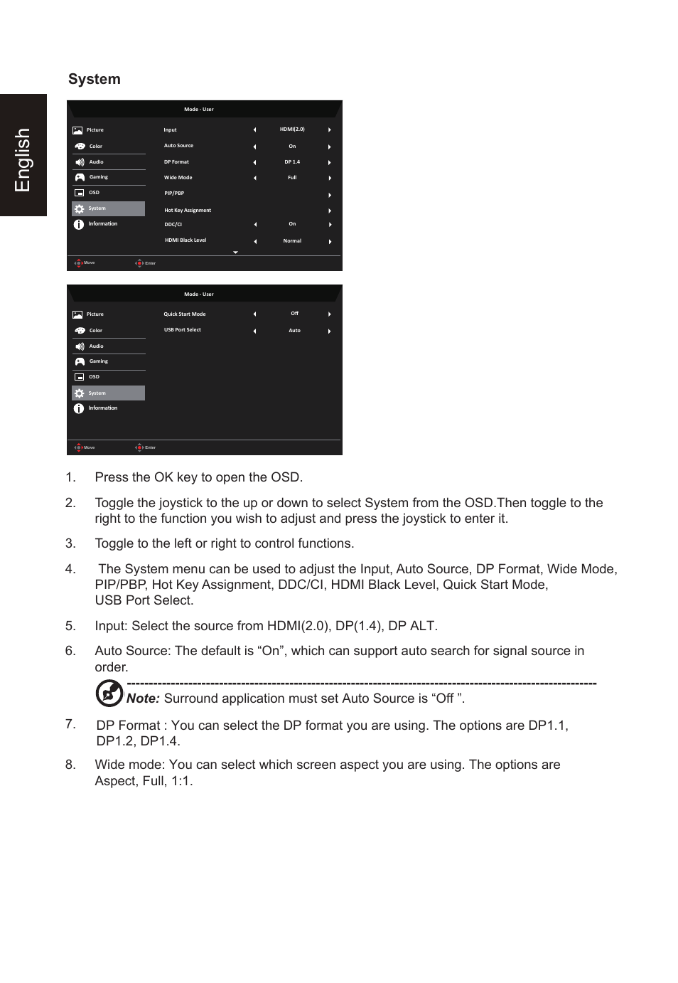 English, System | Acer Nitro XV275K ymipruzx 27" 4K UHD Display User Manual | Page 32 / 40