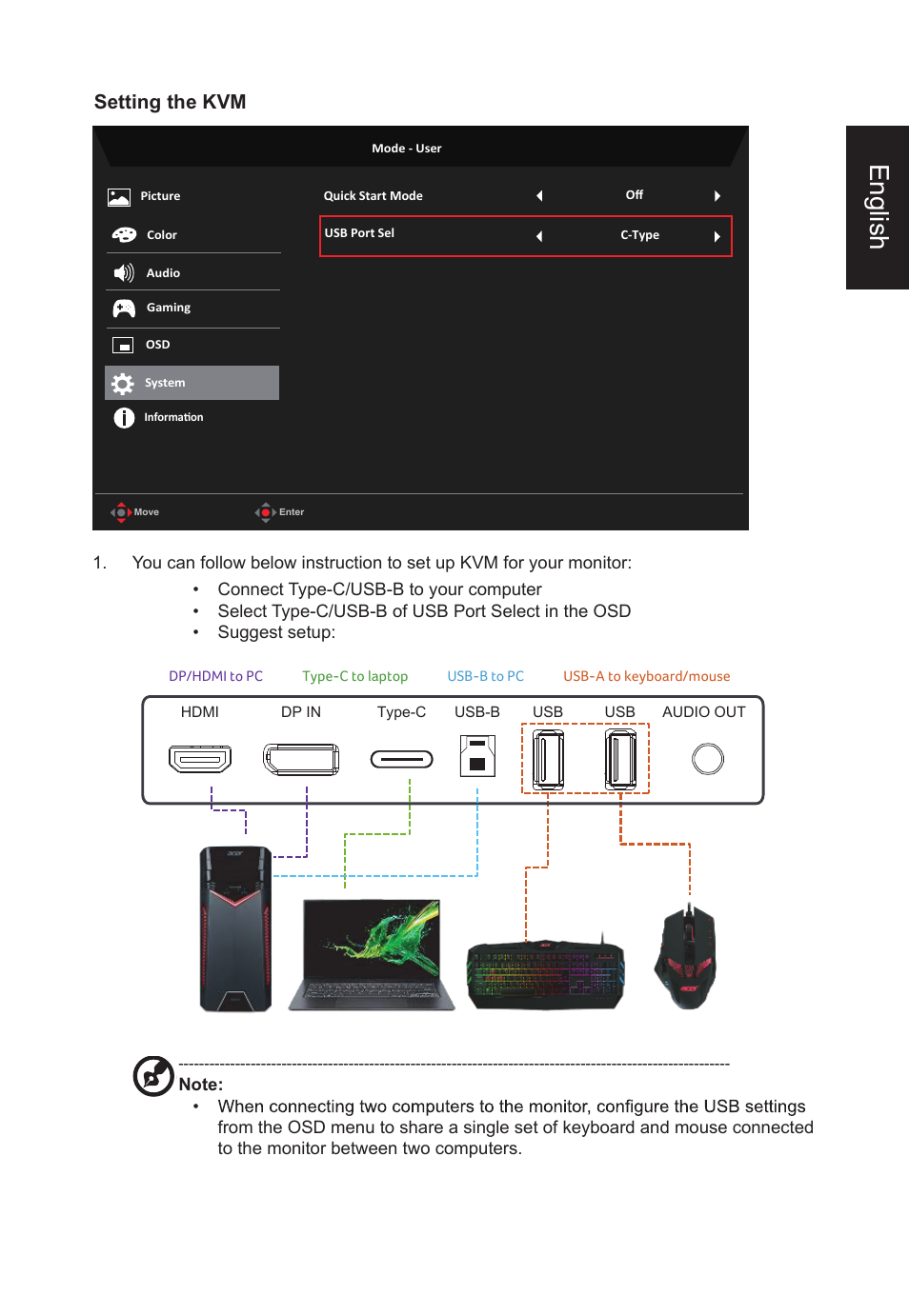 English, Setting the kvm | Acer Nitro XV275K ymipruzx 27" 4K UHD Display User Manual | Page 35 / 40