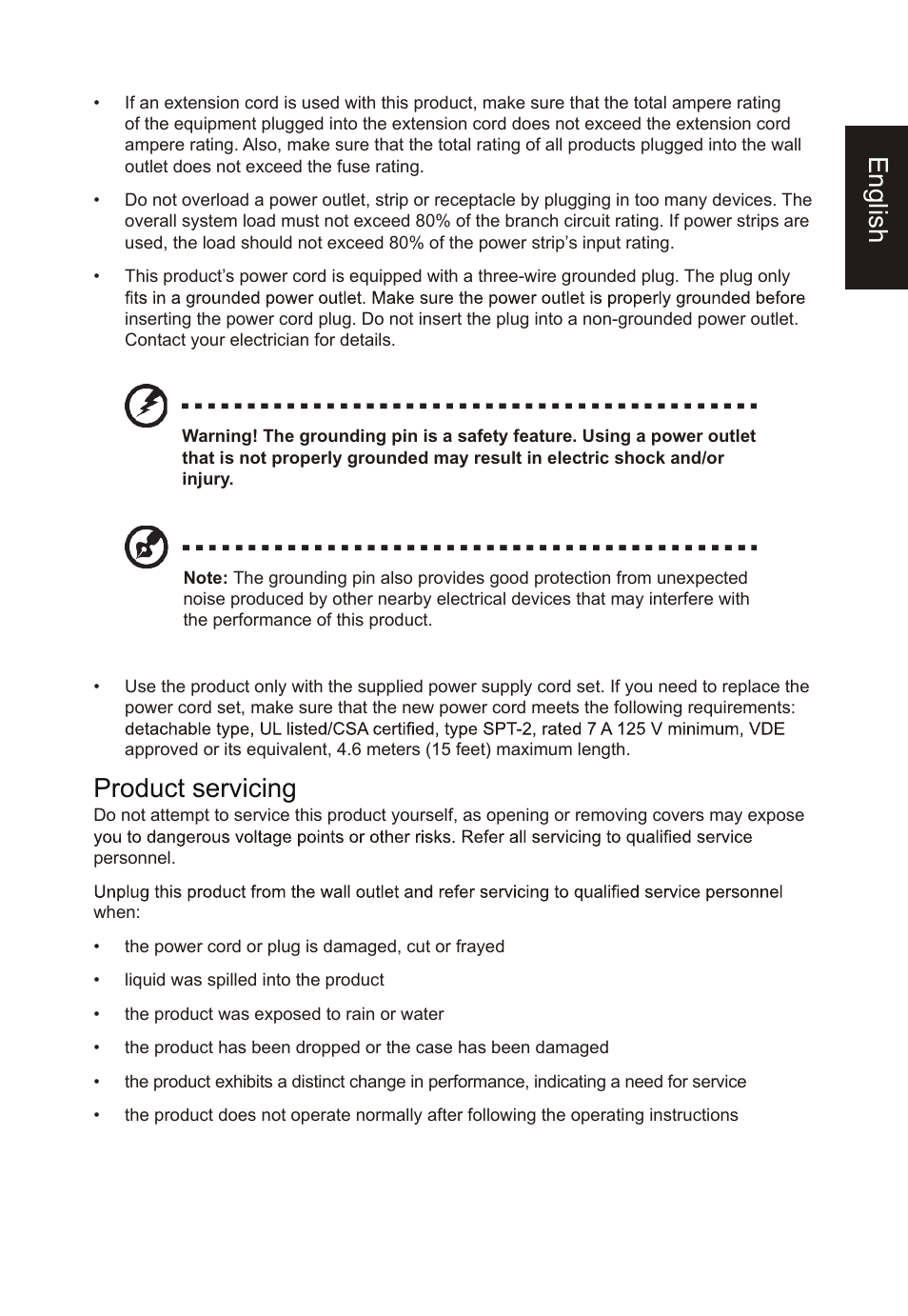 English, Product servicing | Acer Nitro XV275K ymipruzx 27" 4K UHD Display User Manual | Page 5 / 40