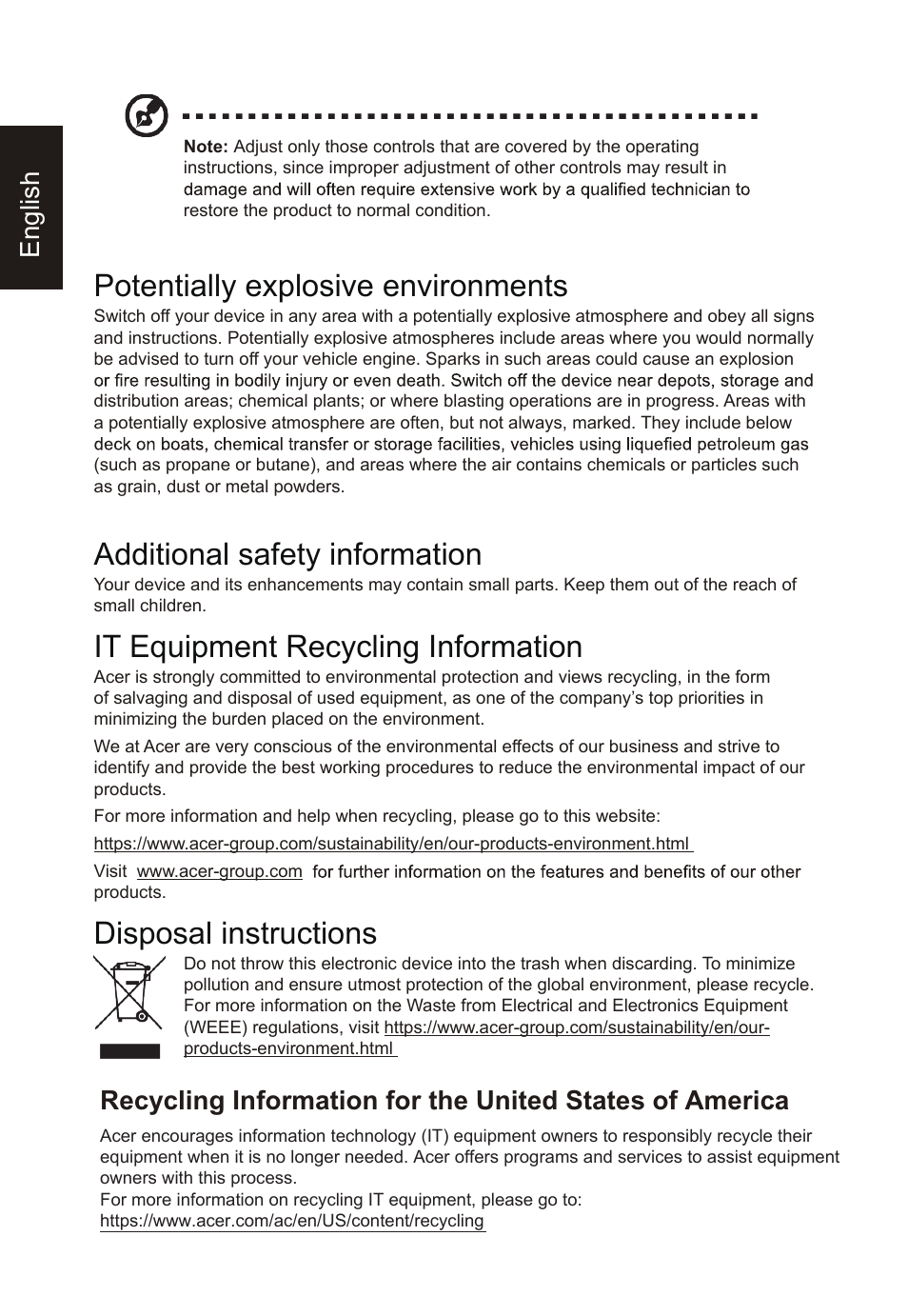 Potentially explosive environments, Additional safety information, It equipment recycling information | Disposal instructions, English | Acer Nitro XV275K ymipruzx 27" 4K UHD Display User Manual | Page 6 / 40