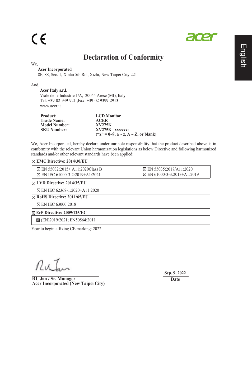 Declaration of conformity, English | Acer Nitro XV275K ymipruzx 27" 4K UHD Display User Manual | Page 9 / 40