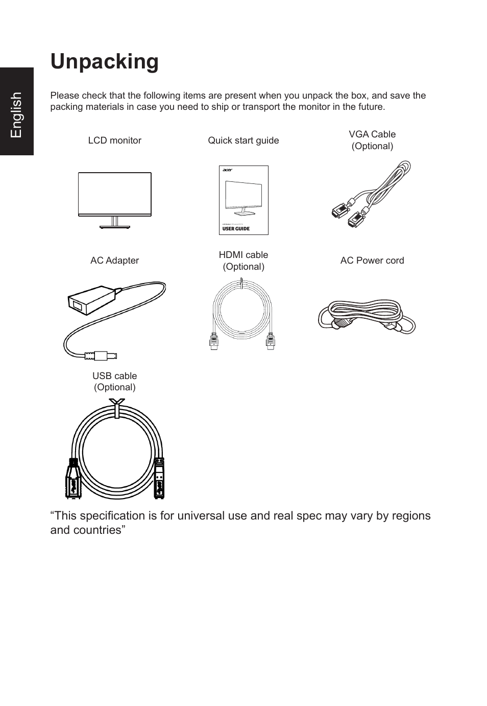 Unpacking, English | Acer VT270 bmizx 27" 10-Point Touchscreen Monitor User Manual | Page 12 / 27