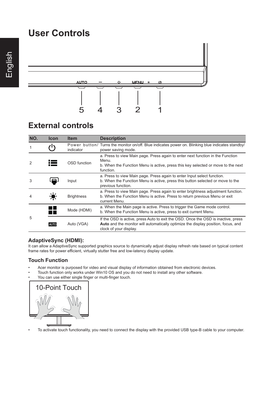 User controls, English, External controls | Point touch | Acer VT270 bmizx 27" 10-Point Touchscreen Monitor User Manual | Page 18 / 27