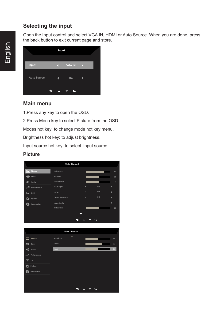 English, Selecting the input, Main menu | Picture | Acer VT270 bmizx 27" 10-Point Touchscreen Monitor User Manual | Page 20 / 27