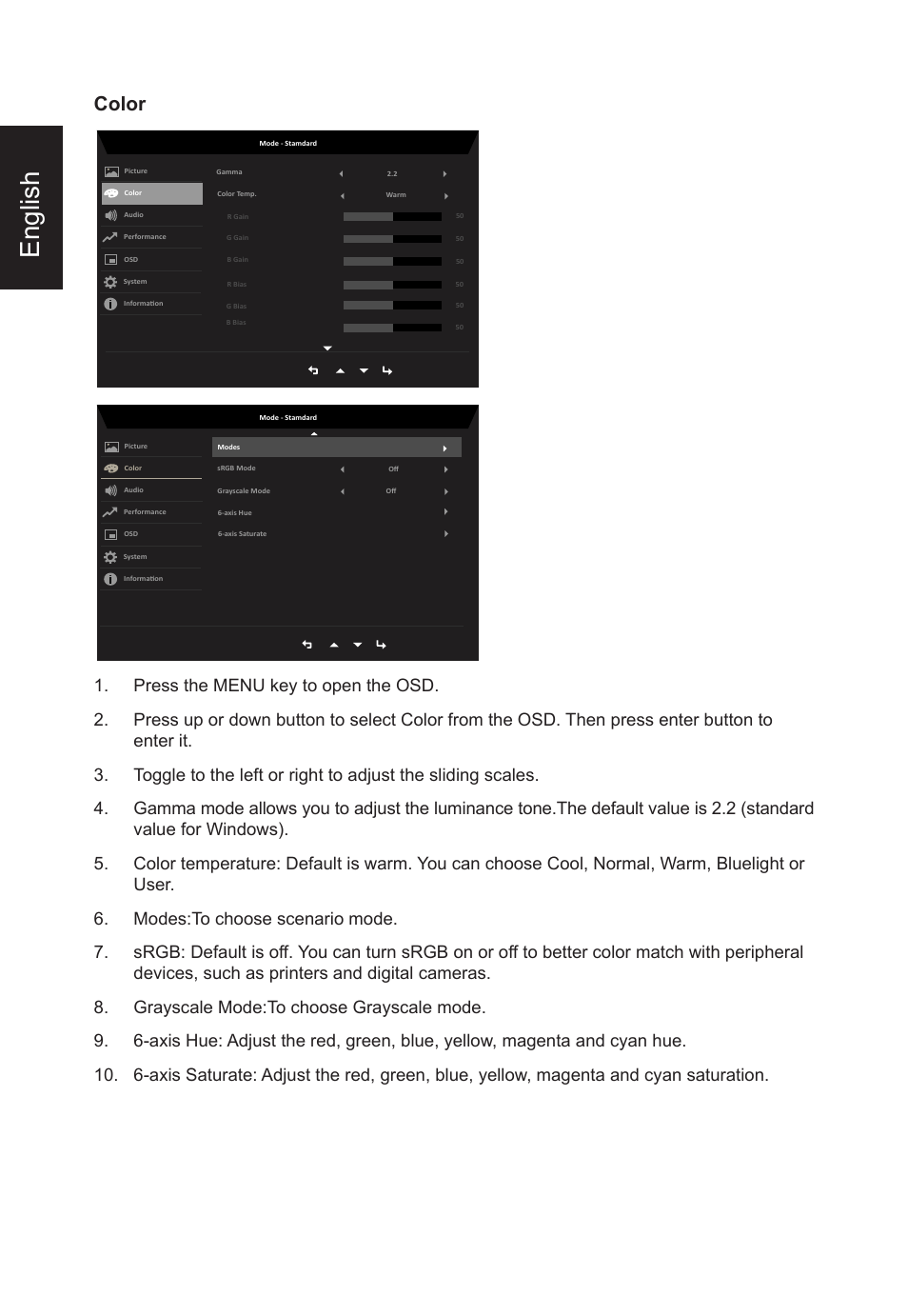 English, Color | Acer VT270 bmizx 27" 10-Point Touchscreen Monitor User Manual | Page 22 / 27