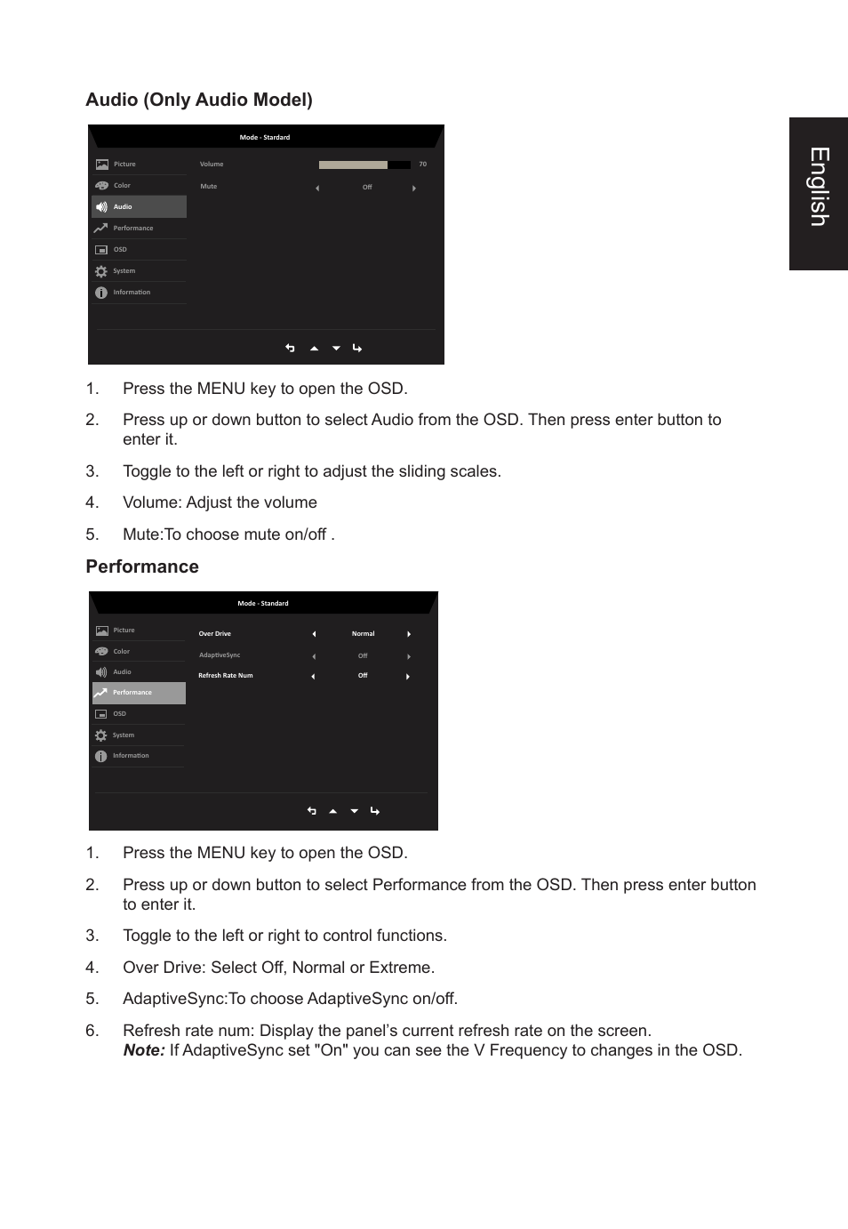 English, Audio (only audio model), Performance | Acer VT270 bmizx 27" 10-Point Touchscreen Monitor User Manual | Page 23 / 27