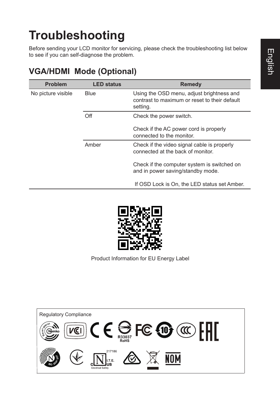 Troubleshooting, English, Vga/hdmi mode (optional) | Acer VT270 bmizx 27" 10-Point Touchscreen Monitor User Manual | Page 27 / 27