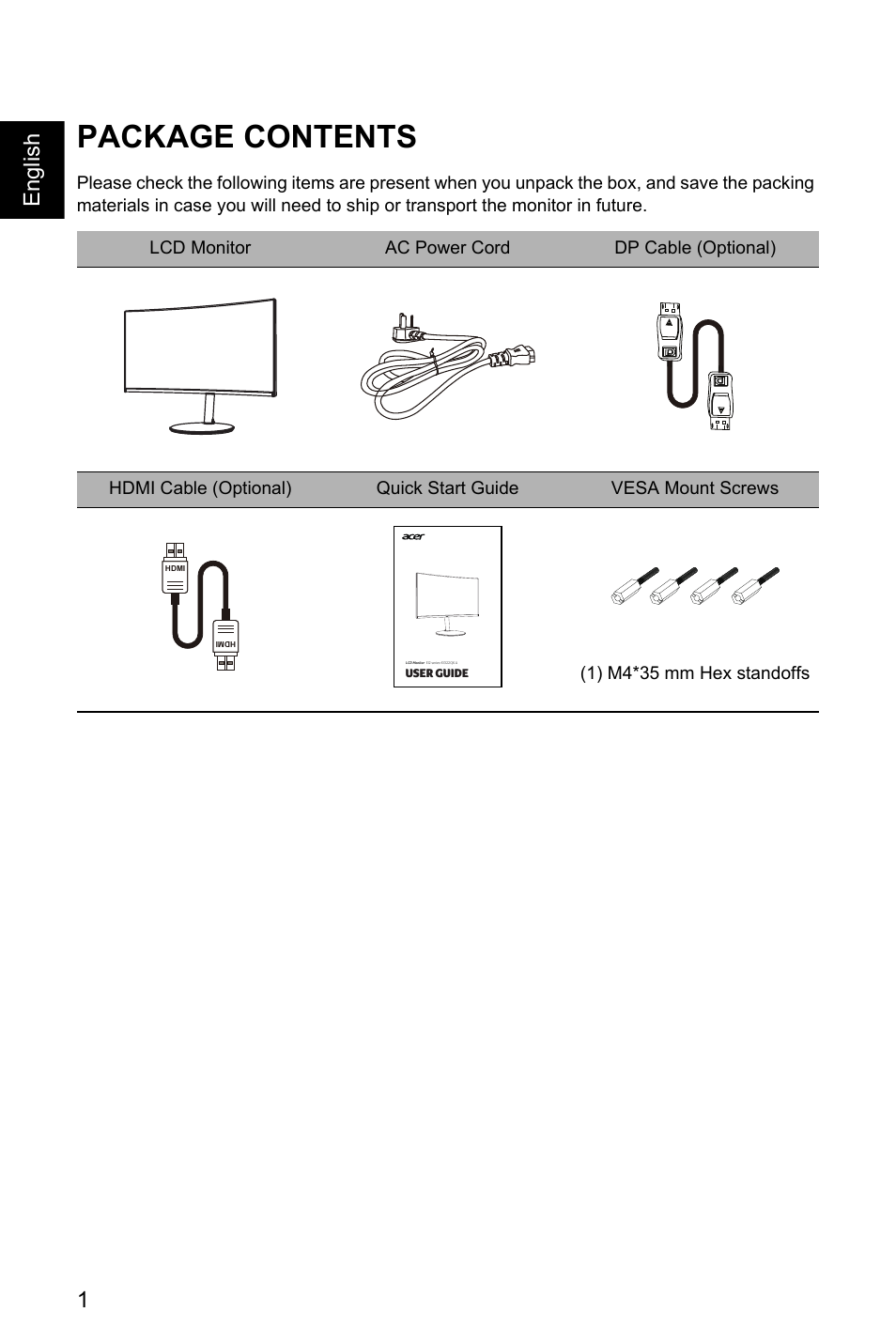 Package contents, 1english | Acer Nitro EI322QK Abmiiiphx 31.5" 4K HDR Curved Gaming Monitor User Manual | Page 12 / 32