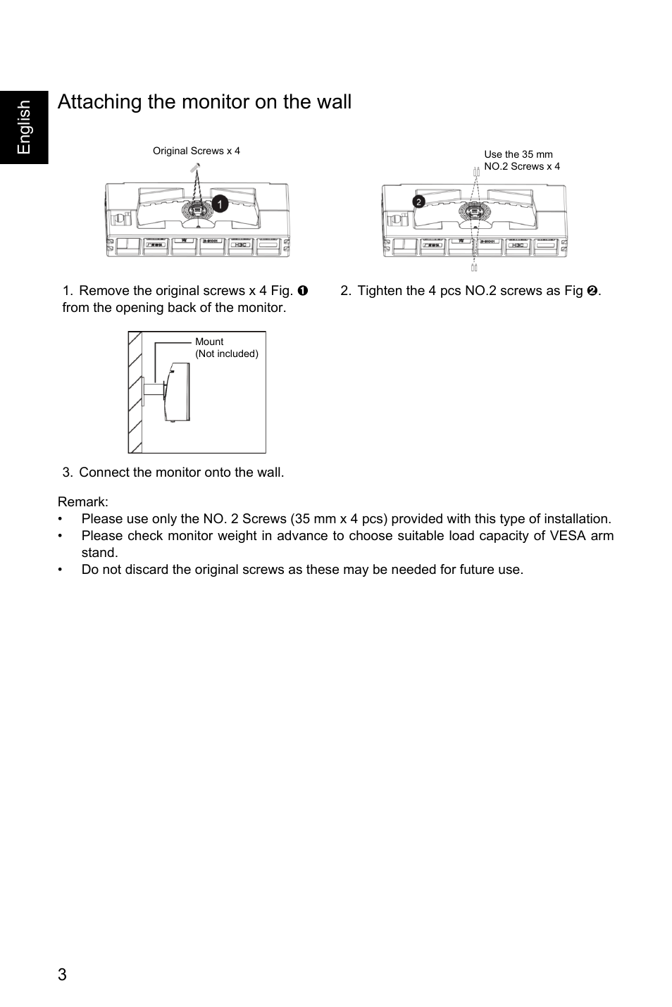 Attaching the monitor on the wall, 3english | Acer Nitro EI322QK Abmiiiphx 31.5" 4K HDR Curved Gaming Monitor User Manual | Page 14 / 32