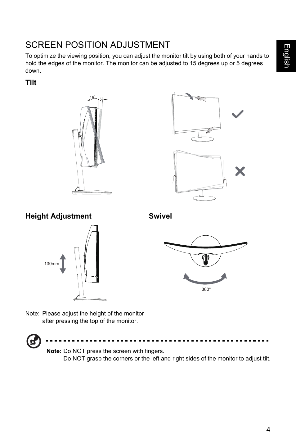 Screen position adjustment, Tilt, Height adjustment | Swivel, Note | Acer Nitro EI322QK Abmiiiphx 31.5" 4K HDR Curved Gaming Monitor User Manual | Page 15 / 32