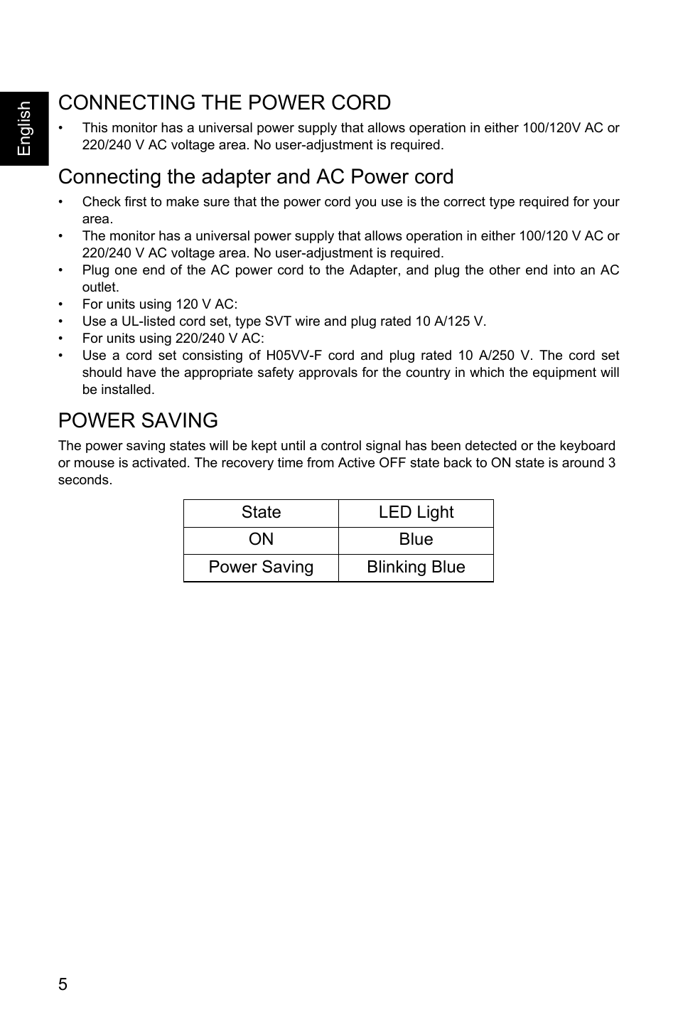 Connecting the power cord, Power saving, Connecting the adapter and ac power cord | Acer Nitro EI322QK Abmiiiphx 31.5" 4K HDR Curved Gaming Monitor User Manual | Page 16 / 32