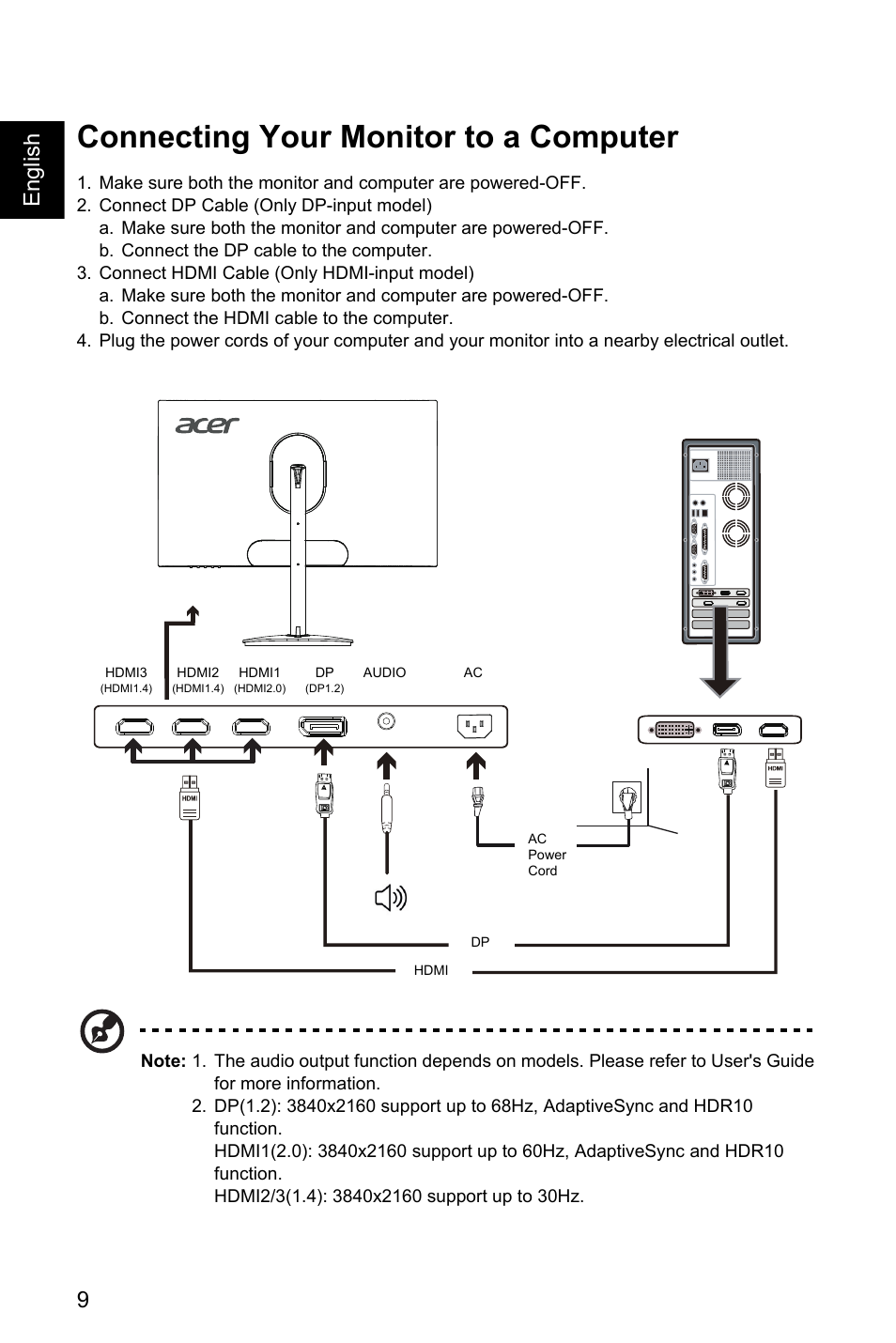 Connecting your monitor to a computer, 9english | Acer Nitro EI322QK Abmiiiphx 31.5" 4K HDR Curved Gaming Monitor User Manual | Page 20 / 32