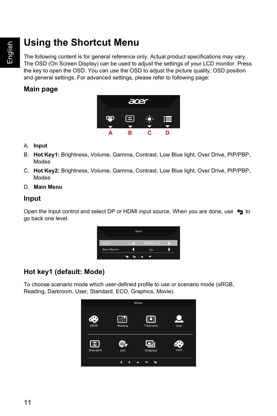 Using the shortcut menu, Input, Hot key1 (default: mode) | 11 english, Main page | Acer Nitro EI322QK Abmiiiphx 31.5" 4K HDR Curved Gaming Monitor User Manual | Page 22 / 32