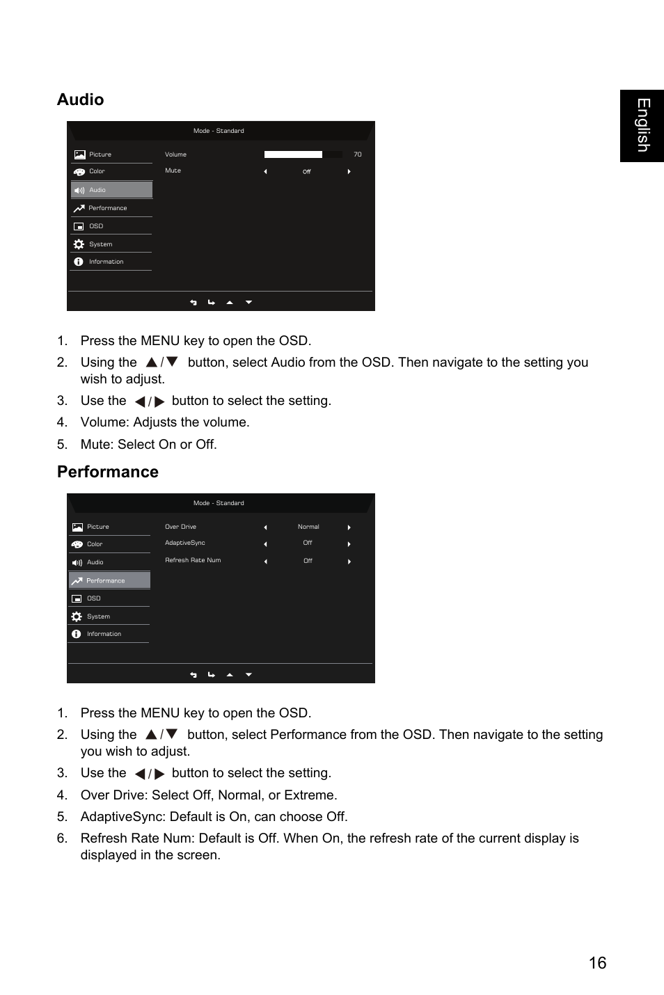 Audio, Performance, 16 englis h audio | Ř!ř 0 ř ř | Acer Nitro EI322QK Abmiiiphx 31.5" 4K HDR Curved Gaming Monitor User Manual | Page 27 / 32