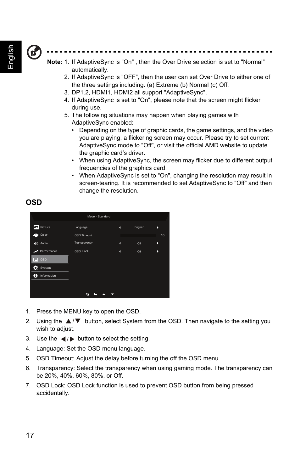 17 english osd | Acer Nitro EI322QK Abmiiiphx 31.5" 4K HDR Curved Gaming Monitor User Manual | Page 28 / 32