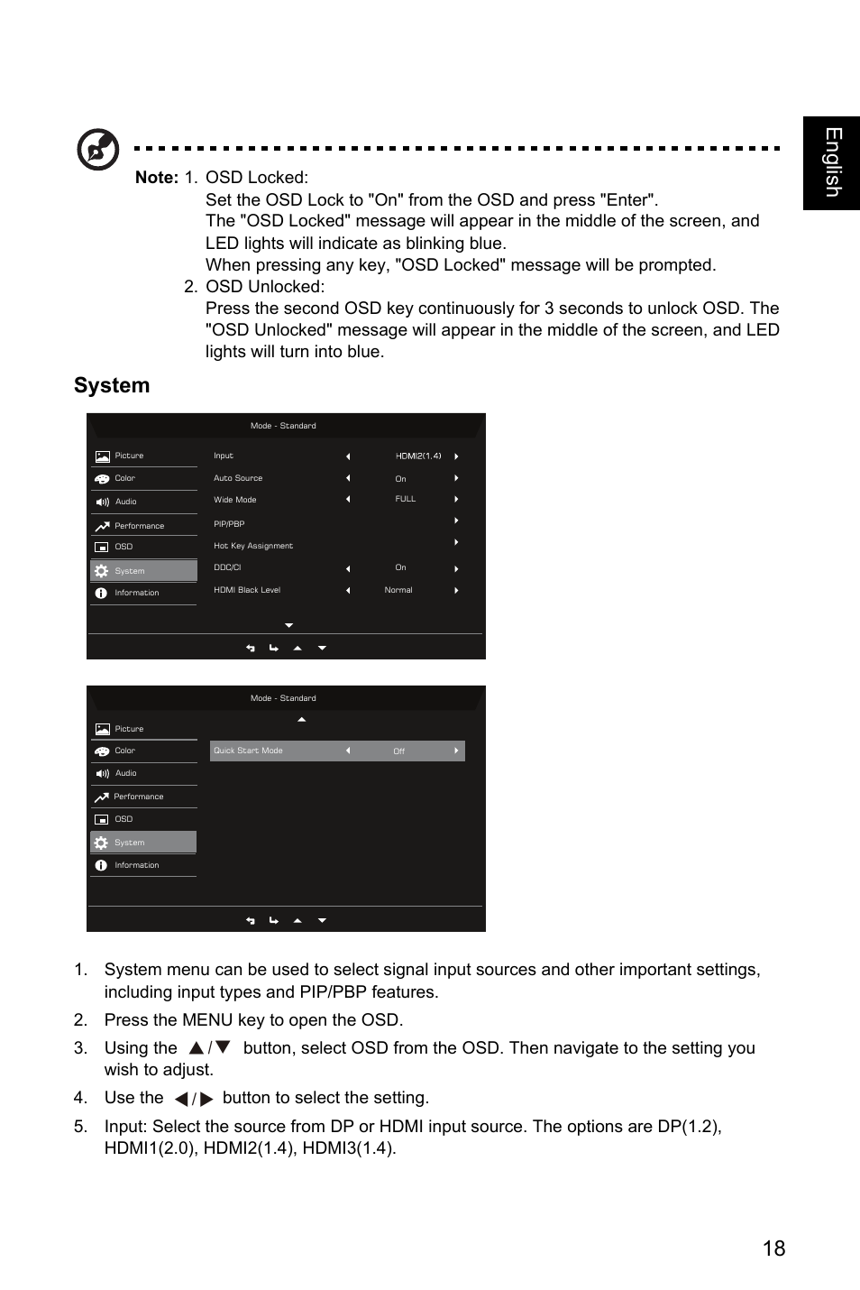 System, 18 englis h system, Ř!ř 0 ř ř | Acer Nitro EI322QK Abmiiiphx 31.5" 4K HDR Curved Gaming Monitor User Manual | Page 29 / 32