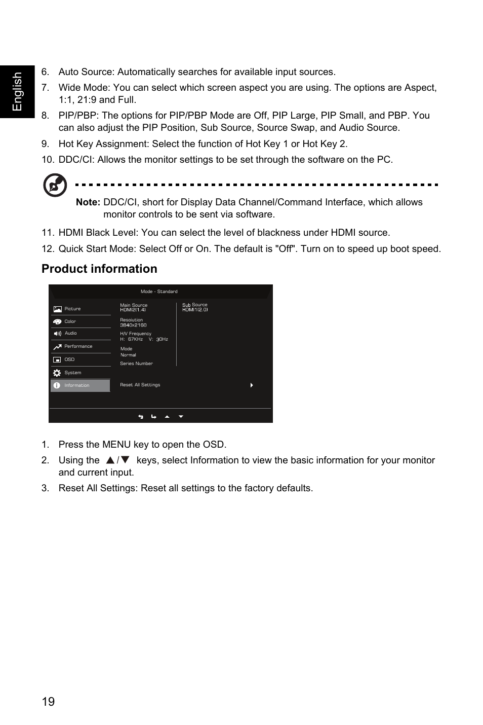 Product information, 19 english, Ř!ř 0 | Acer Nitro EI322QK Abmiiiphx 31.5" 4K HDR Curved Gaming Monitor User Manual | Page 30 / 32