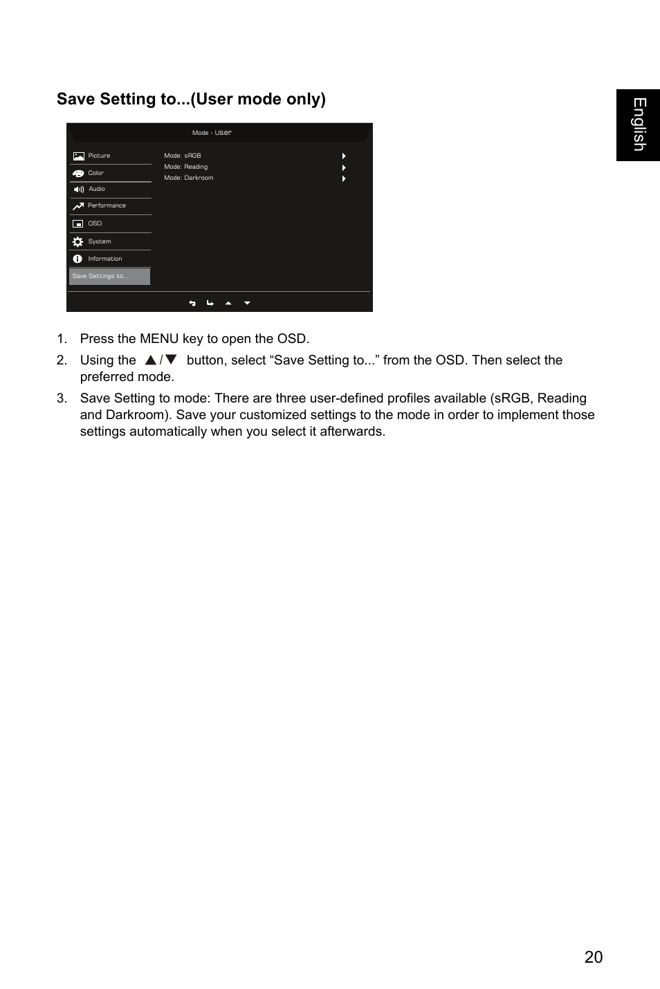 Save setting to...(user mode only), 20 englis h save setting to...(user mode only), Ř!ř 0 | Acer Nitro EI322QK Abmiiiphx 31.5" 4K HDR Curved Gaming Monitor User Manual | Page 31 / 32