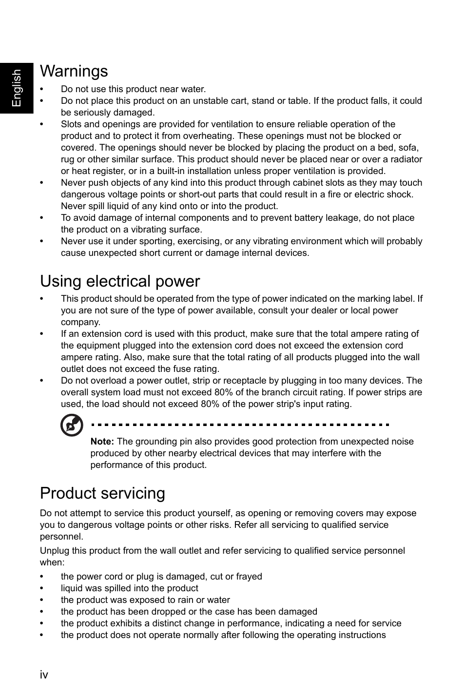 Warnings, Using electrical power, Product servicing | Acer Nitro EI322QK Abmiiiphx 31.5" 4K HDR Curved Gaming Monitor User Manual | Page 4 / 32