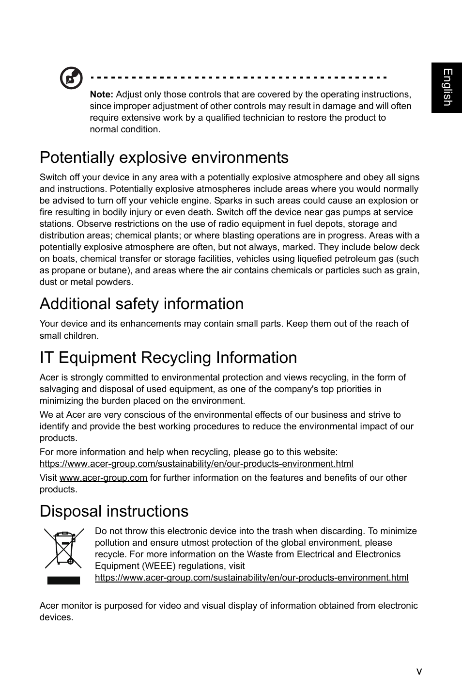 Additional safety information, It equipment recycling information, Disposal instructions | Potentially explosive environments | Acer Nitro EI322QK Abmiiiphx 31.5" 4K HDR Curved Gaming Monitor User Manual | Page 5 / 32