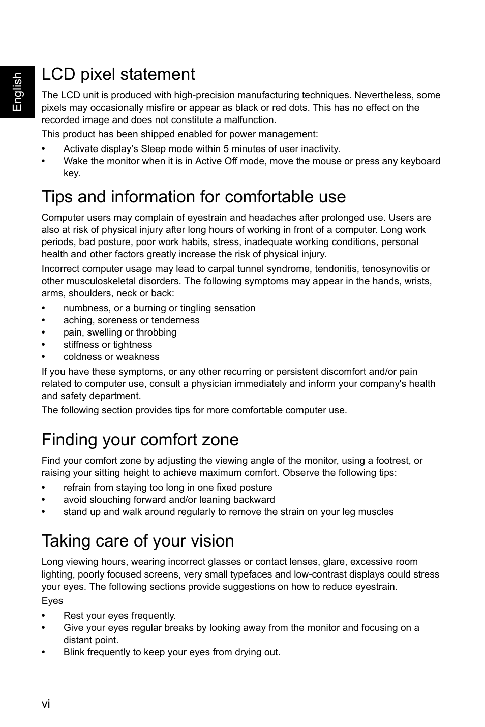 Lcd pixel statement, Tips and information for comfortable use, Finding your comfort zone | Taking care of your vision | Acer Nitro EI322QK Abmiiiphx 31.5" 4K HDR Curved Gaming Monitor User Manual | Page 6 / 32