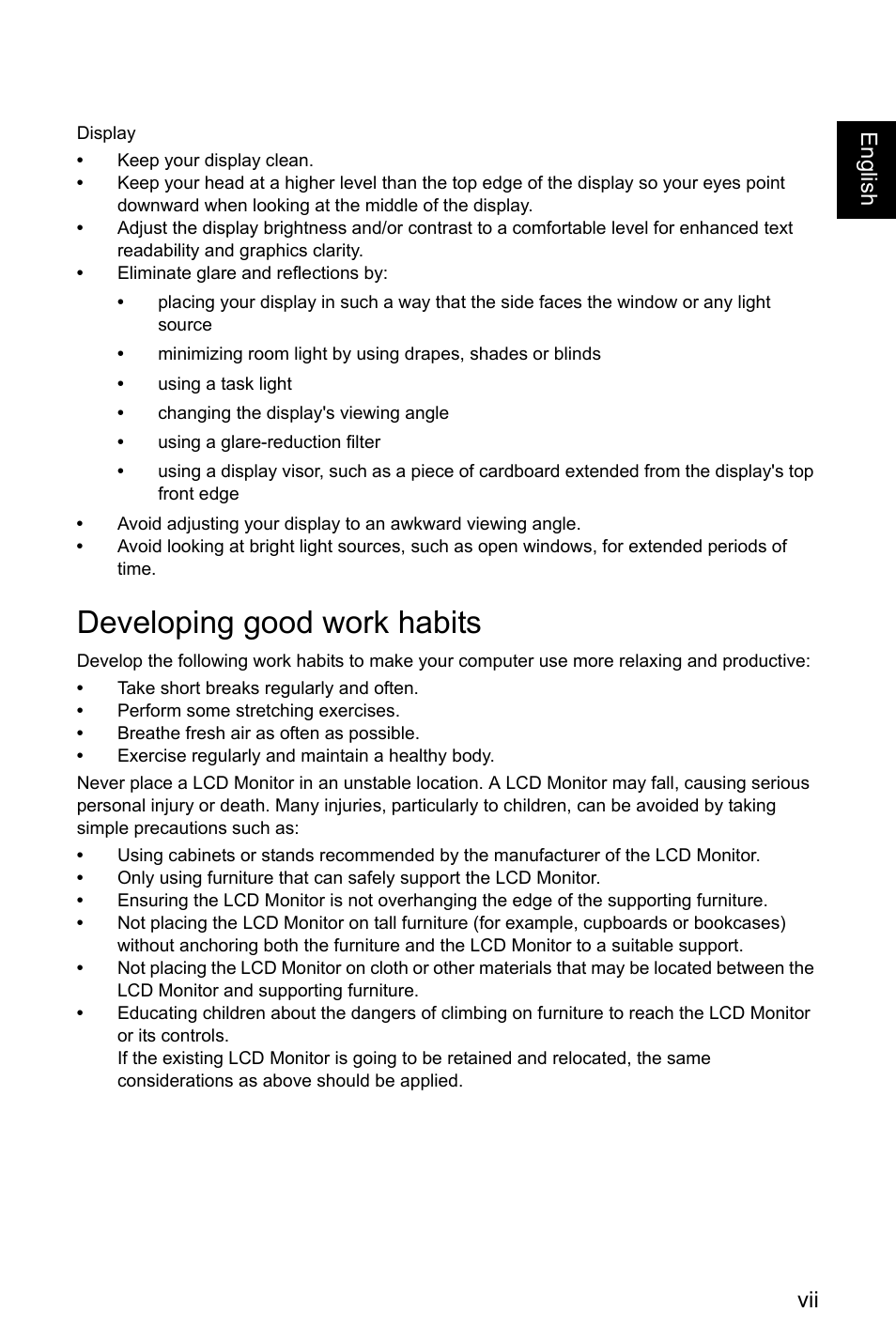 Developing good work habits, Vii englis h | Acer Nitro EI322QK Abmiiiphx 31.5" 4K HDR Curved Gaming Monitor User Manual | Page 7 / 32