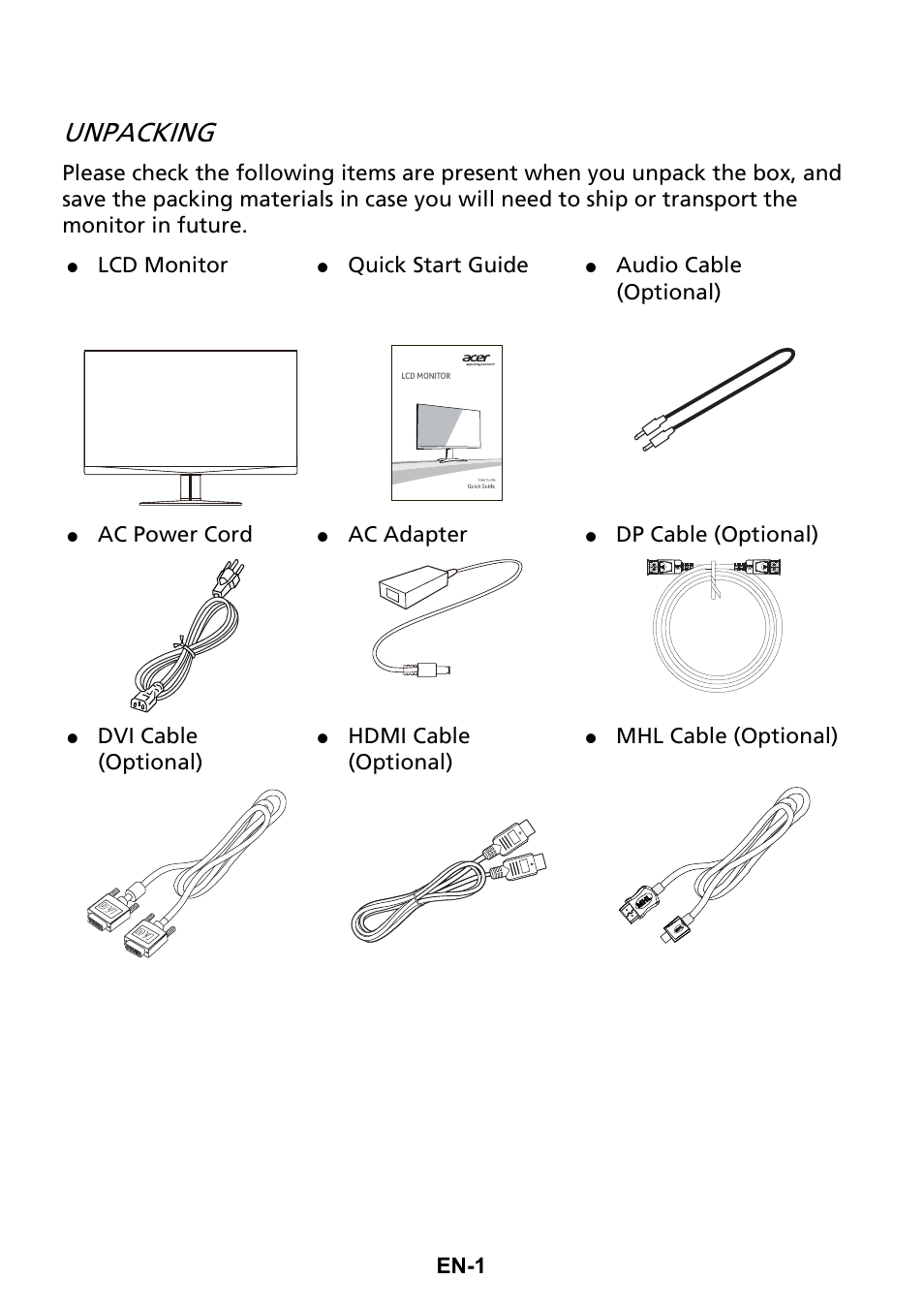 Unpacking, En-1, Lcd monitor | Quick start guide, Audio cable (optional), Ac power cord, Ac adapter, Dp cable (optional), Dvi cable (optional), Hdmi cable (optional) | Acer XG270HU omidpx 27" Widescreen LED Backlit LCD Monitor User Manual | Page 10 / 31