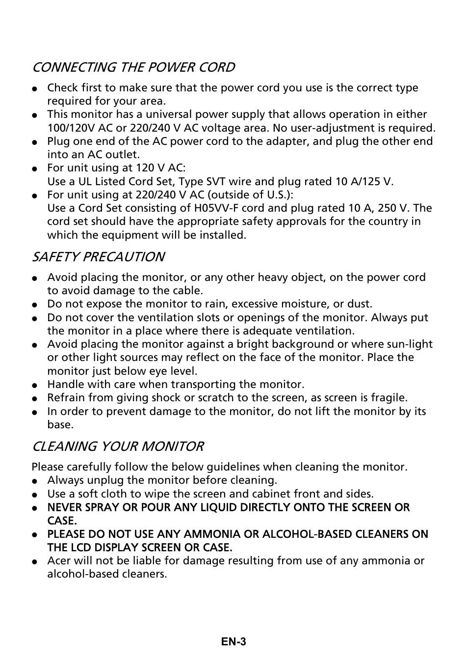 Connecting the power cord, Safety precaution, Cleaning your monitor | Acer XG270HU omidpx 27" Widescreen LED Backlit LCD Monitor User Manual | Page 12 / 31