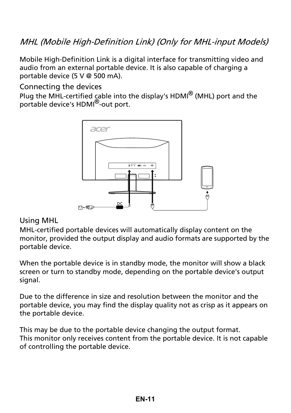 Connecting the devices, Using mhl, En-11 | Mhl) port and the portable device's hdmi, Out port | Acer XG270HU omidpx 27