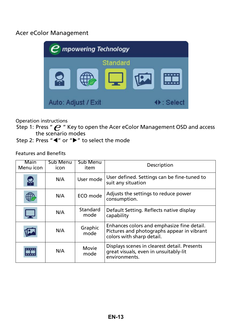Acer ecolor management | Acer XG270HU omidpx 27" Widescreen LED Backlit LCD Monitor User Manual | Page 22 / 31