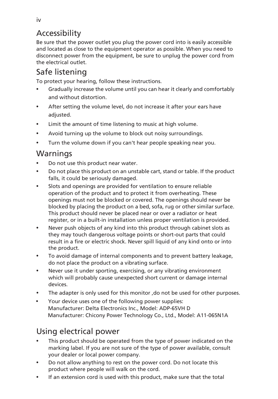Accessibility, Safe listening, Warnings | Using electrical power | Acer XG270HU omidpx 27" Widescreen LED Backlit LCD Monitor User Manual | Page 4 / 31