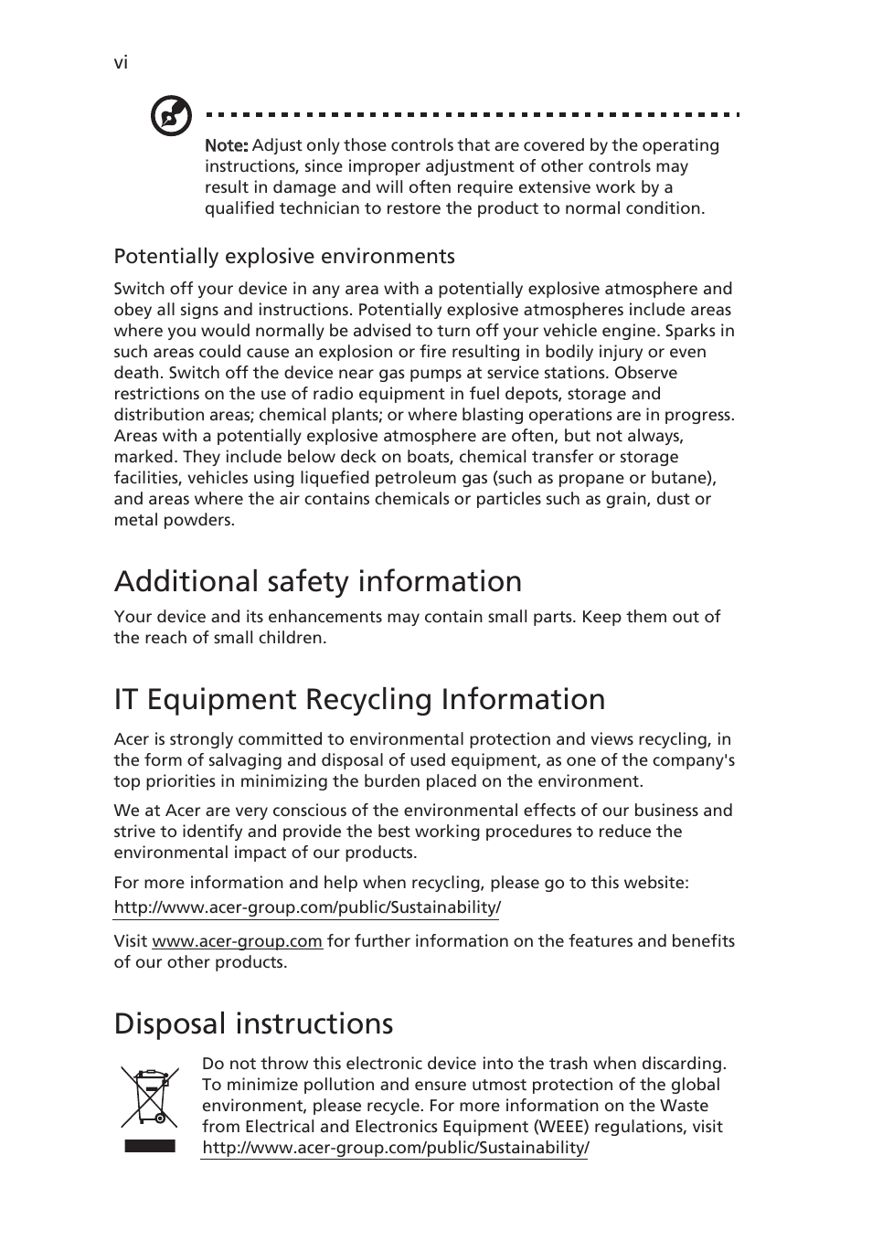 Additional safety information, It equipment recycling information, Disposal instructions | Acer XG270HU omidpx 27" Widescreen LED Backlit LCD Monitor User Manual | Page 6 / 31
